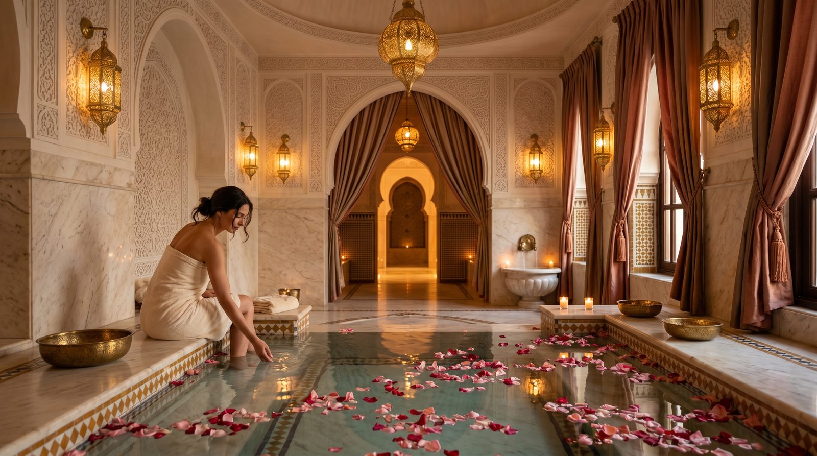 Hammam luxueux Spany Spa avec pétales de rose et lanternes dorées